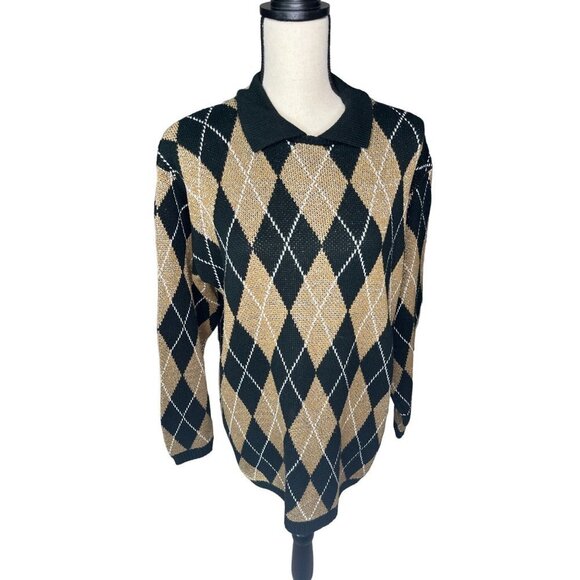 Alfred Dunner Vintage Argyle Sweater Black Gold White Shimmer Collar Size Large - Picture 1 of 5
